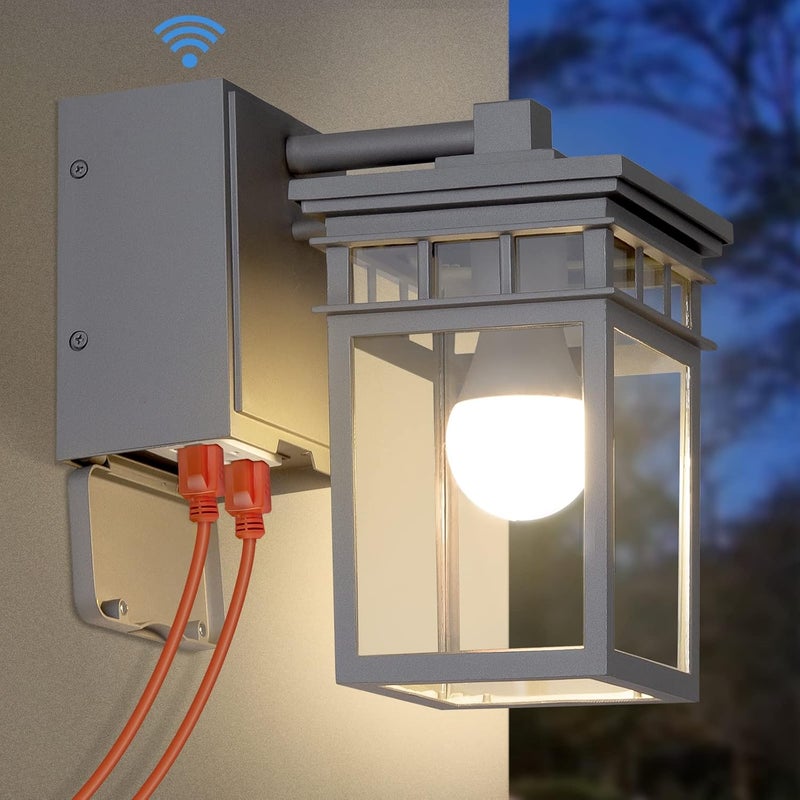 FANDBO Outdoor Porch Light with GFCI Outlet Built in, Dusk to Dawn Outdoor Lighting with Clear Glass Shade, Waterproof Outdoor Wall Sconce Exterior Lights for House Garage Front Door, Bulb Included(Gray) - Image 1
